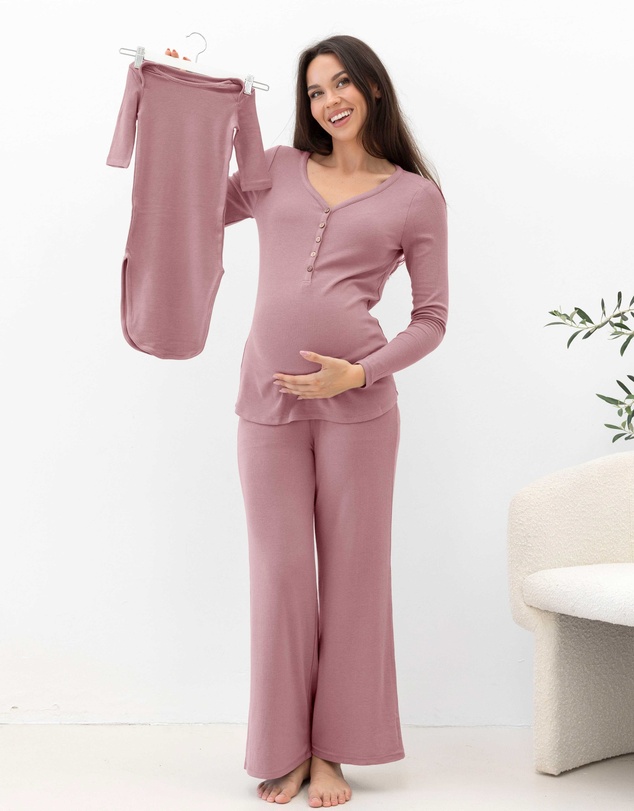 Angel Maternity - 3-Piece Isabelle Maternity Sleepwear Set -Rose Pink