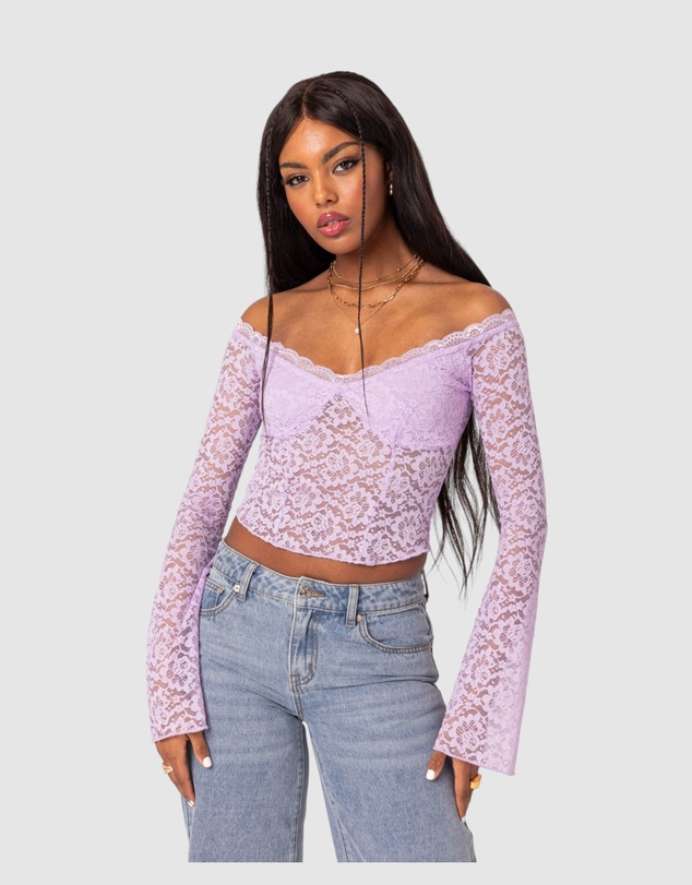 EDIKTED - Linda Off Shoulder Sheer Lace Top