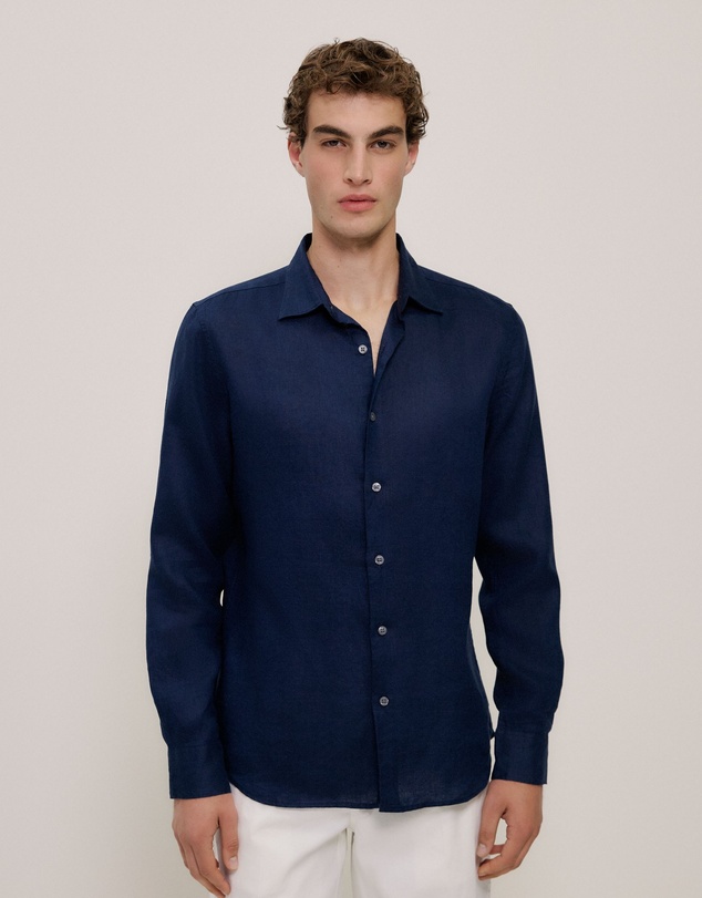 Trenery - Tailored Fit Linen Long Sleeve Shirt in Navy