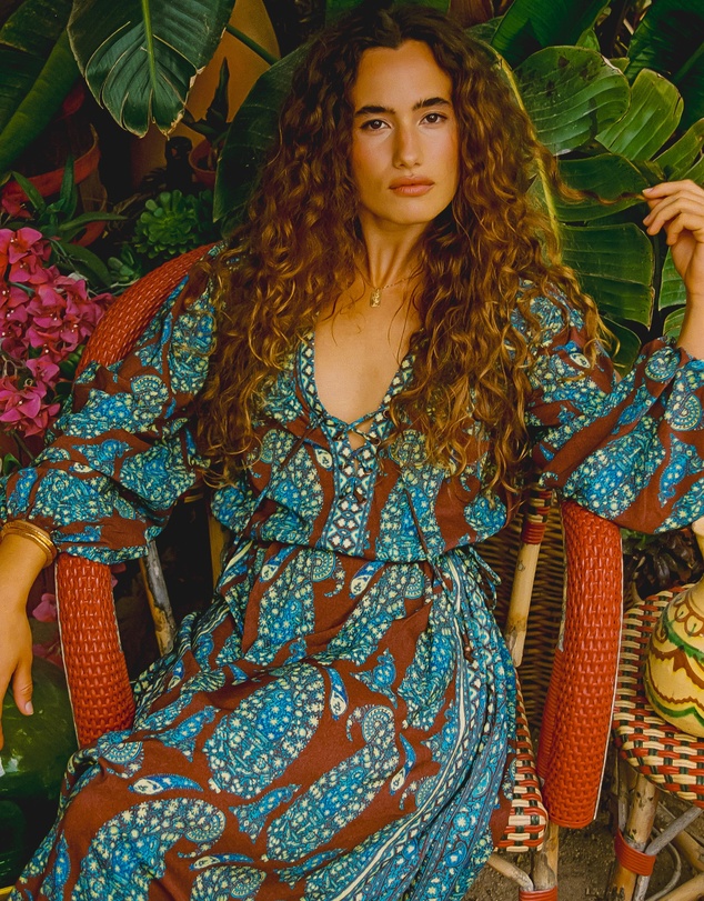 BOTEH - Calico Lace Up Maxi Smock Dress