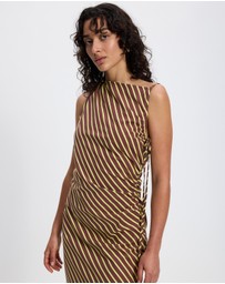 TOPSHOP - Topshop Ruched Side Gathered Shoulder Midi Dress In Brown Lime Stripe