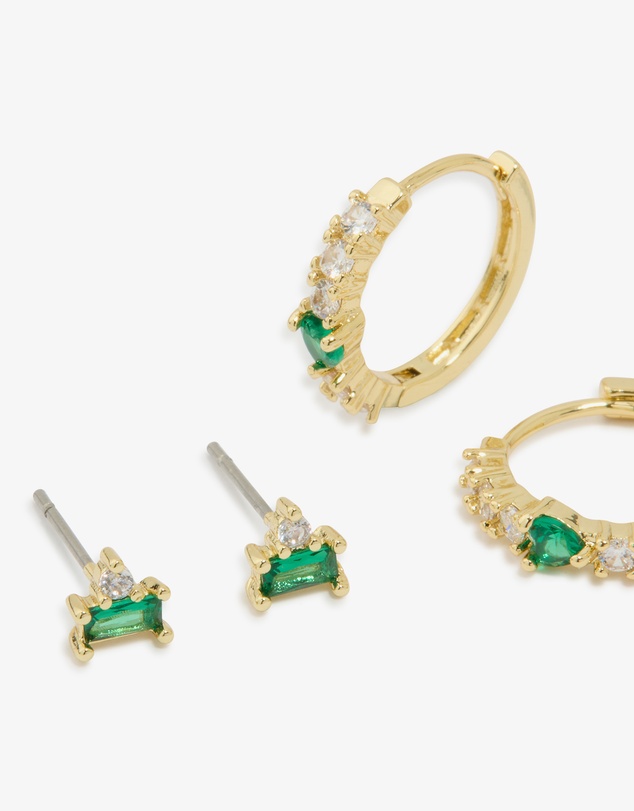 Lovisa - Gold Plated Brass Emerald Flower Stud & Huggie Earrings 3-Pack