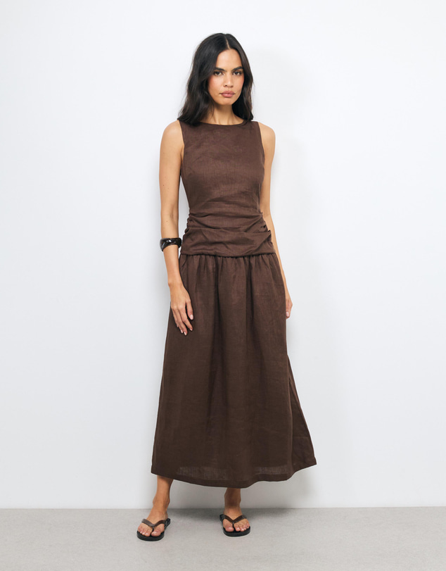 AERE - Eira Ruched Drop Waist Linen Maxi Dress