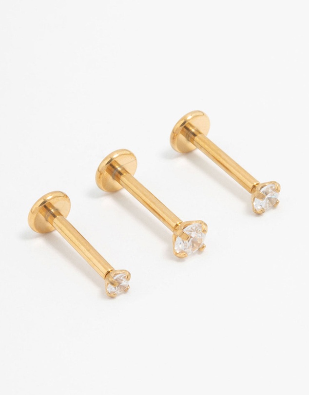 Lovisa - Gold Plated Surgical Steel Classic Cubic Zirconia Threadless Flat Back Studs 3-Pack