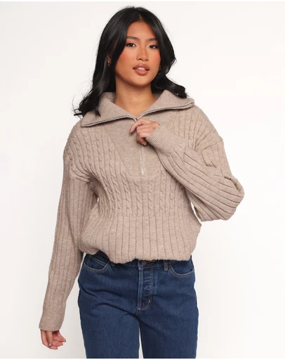 Petal & Pup - Anais Quarter Zip Knit Sweater - Beige