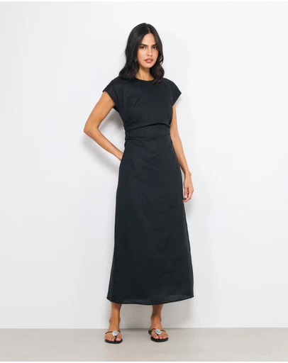 AERE - Amel Ruched Extended Sleeve Midi Dress