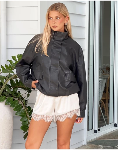 Beginning Boutique - Blakely Black Funnel Neck PU Jacket