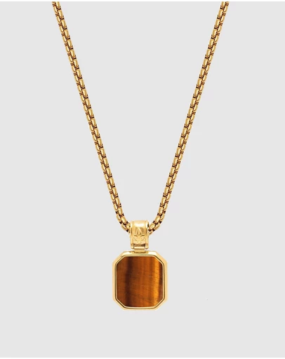 Nialaya Jewellery - Gold Necklace with Square Brown Tiger Eye Pendant