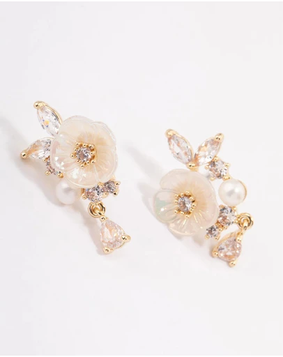 Lovisa - Gold Plated Cubic Zirconia Floral Detailed Pearl Earrings