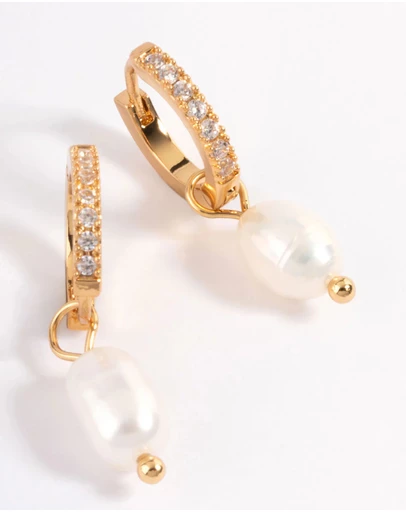Lovisa - Waterproof Gold Plated Stainless Steel Diamante Freshwater Pearl Drop Huggie Earrings