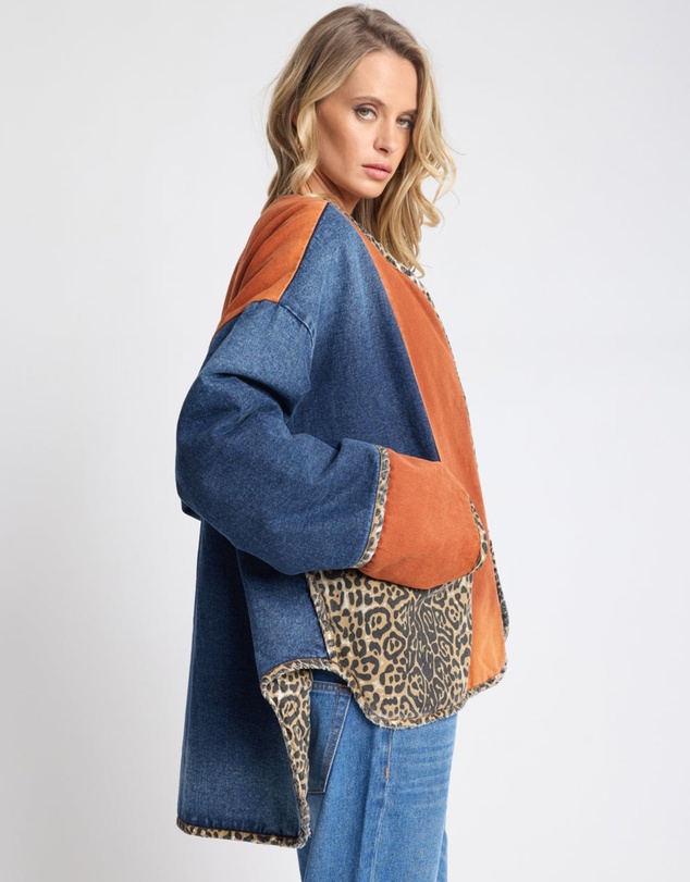 ONE TEASPOON - Bang Bang Reversible Colour Blocked Denim Wadded Jacket - Animal Blue Rust