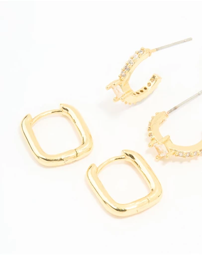 Lovisa - Gold Plated Brass Cubic Zirconia & Plain Rectangle Earrings 4-Pack