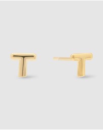 Wanderlust + Co - Alphabet Bubble Gold Stud Earrings - Letter T