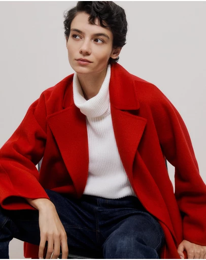 Trenery - Double Faced Wool Short Wrap Coat in Fire Red