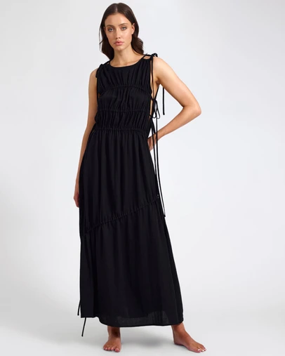 ONE TEASPOON - Evelyn Gathered Ruched Maxi Dress - Black