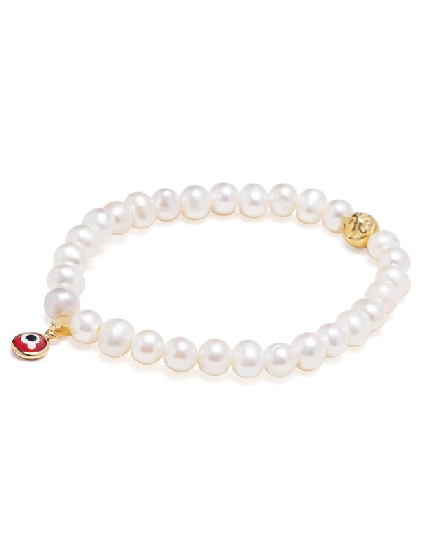Nialaya Jewellery - Wristband with White Pearls and Red Evil Eye Charm