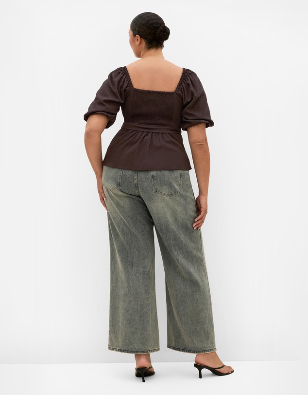 City Chic - Plus size Collins Puff Sleeve Tie Waist Top - chocolate