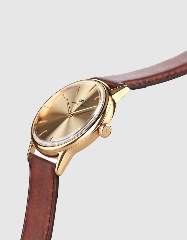 August Berg - Serenity 32mm Gold Plated Brown Leather Strap Watch