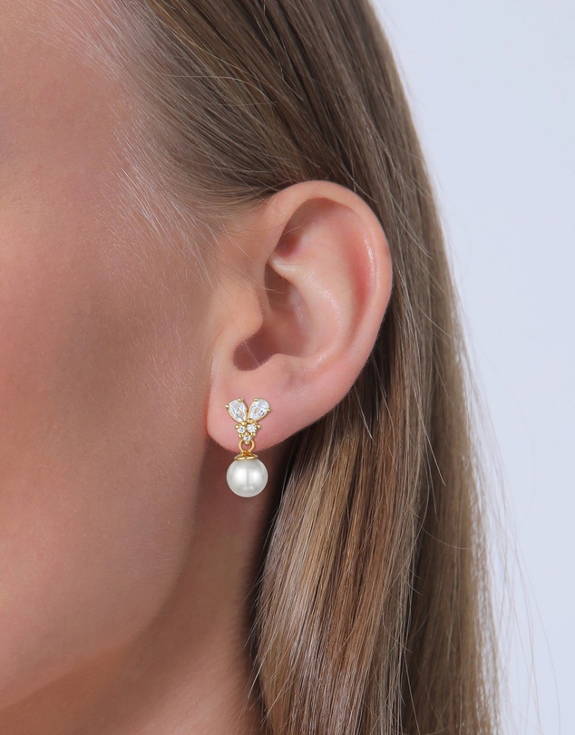 Elli Jewelry - Earrings Ear Hangers Elegant with Zirconia And Synt. Pearl in 925 Sterling Silver Gold Plated
