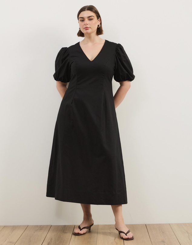 Atmos&Here Curvy - Stephanie Sweetheart Puff Sleeve Linen Blend Midi Dress