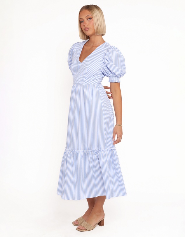 Petal & Pup - Steele Puff Sleeve Midi Dress - Blue Stripe