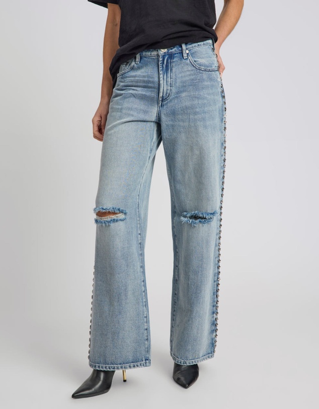 ONE TEASPOON - 25th Anniversary Jackson Mid Waist Wide Leg Studded Denim Jeans - Salty Dog