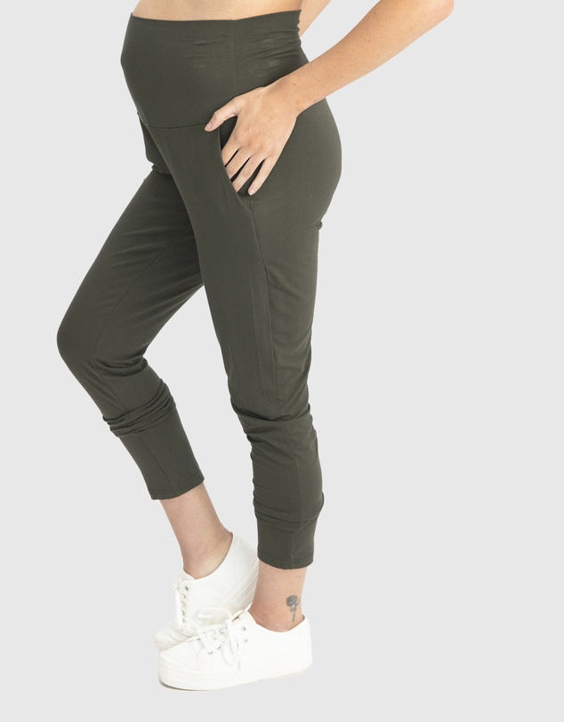 Angel Maternity - Maternity Comfortable Stretchy Tapered Pants in Khaki