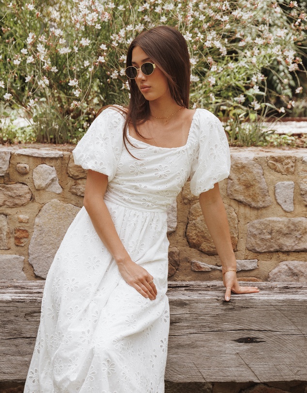 Petal & Pup - Clo Puff Sleeve Midi Dress - White Broderie
