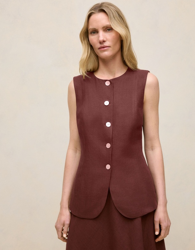 Trenery - Delave Linen Button Through Vest in Espresso