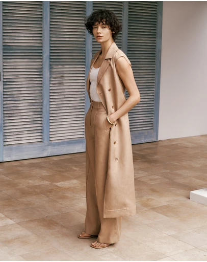 Trenery - Linen Twill Sleeveless Trench Dress in Light Camel