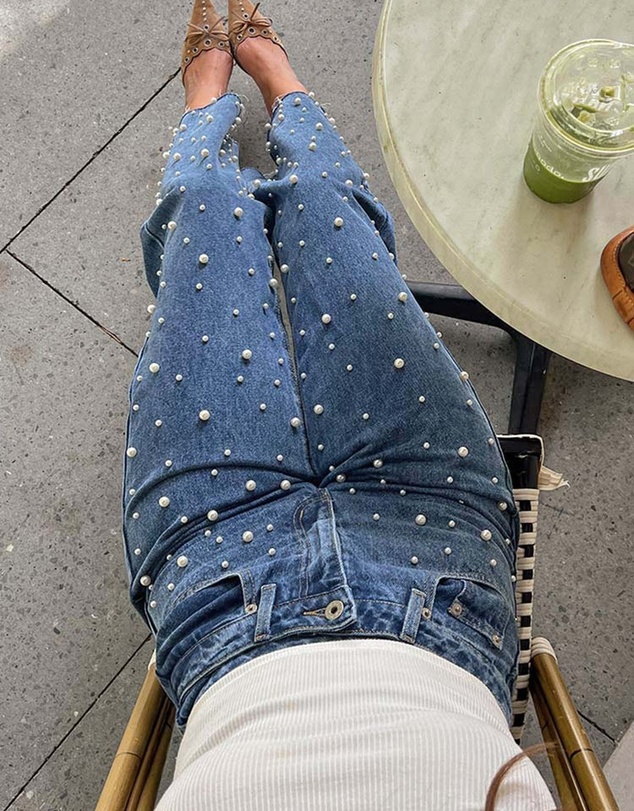 Beginning Boutique - Denim Dazzle Pearl Mid Wash High Waisted Jeans