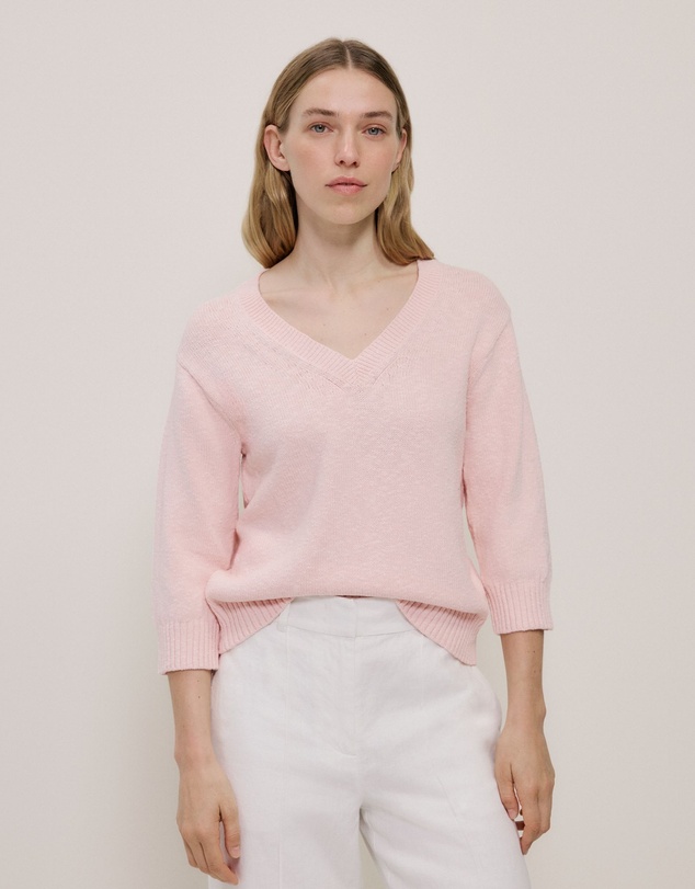 Trenery - Cotton Linen Textured V Neck Knit in Blossom Pink