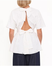 Petal & Pup - Carmel Tie Back Tunic Top - White Embroidery