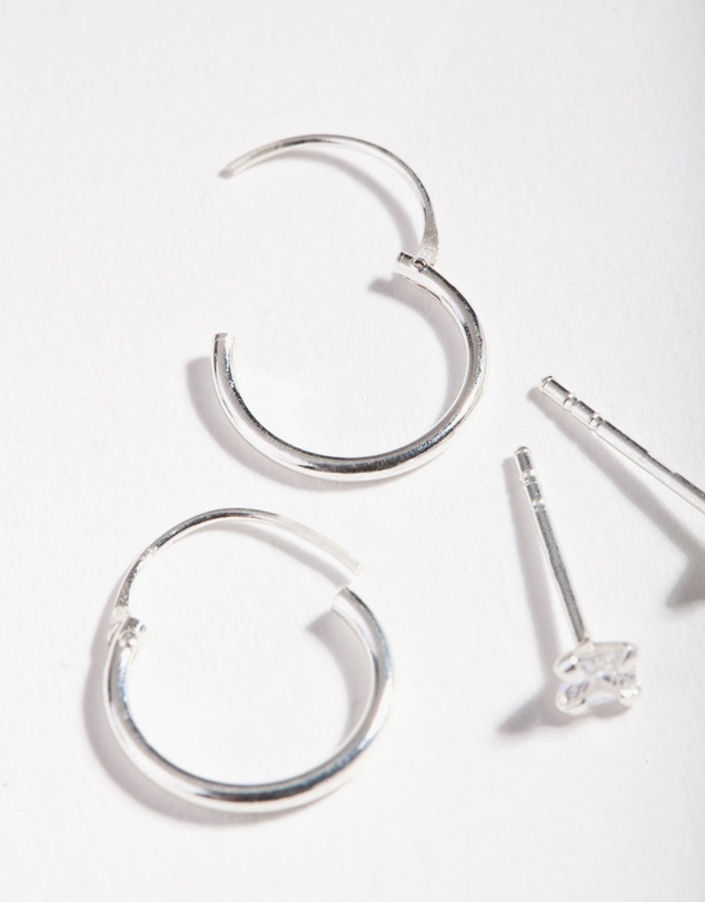 Lovisa - Sterling Silver Cubic Zirconia Princess Stud Hoop Earring Pack