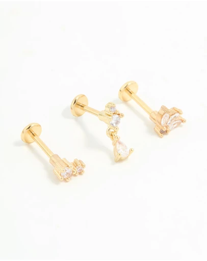 Lovisa - Gold Plated Surgical Steel Cubic Zirconia Triangular Flat Back Studs Pack