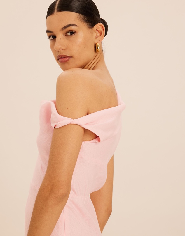 AERE - Linen Draped Off Shoulder Midi Dress