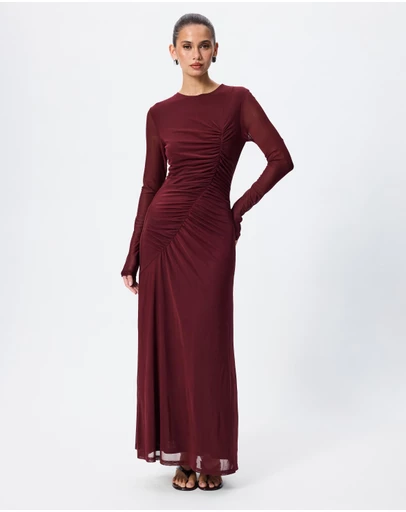 Tussah - Ivy Ruched Detail Long Sleeve Mesh Maxi Dress