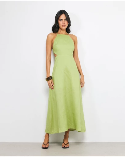 AERE - Sila Halter Tie Back Linen Midi Dress