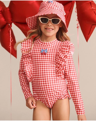 Huxbaby - Cherry Bow Gingham Frill Swimsuit - Babies-Teens