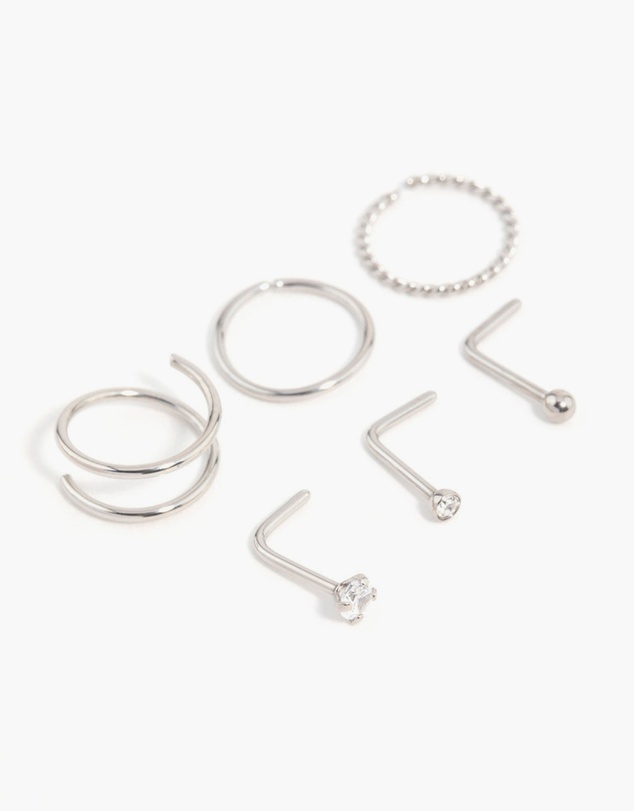 Lovisa - Surgical Steel Cubic Zirconia Simple Mixed Nose Ring & Stud 6-Pack