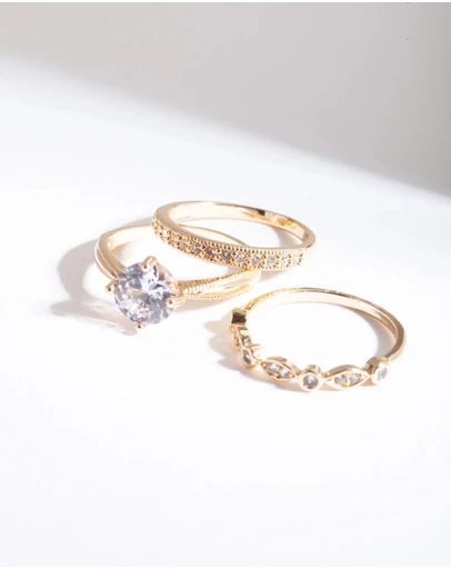 Lovisa - Gold Round Cubic Zirconia Ring Stack
