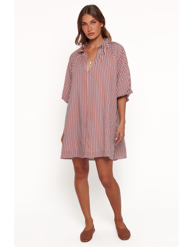 Petal & Pup - Doran Mini Dress - Brown/Blue Stripe
