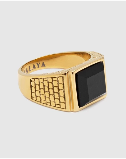 Nialaya Jewellery - Men's Golden Brick Signet Ring With Agate