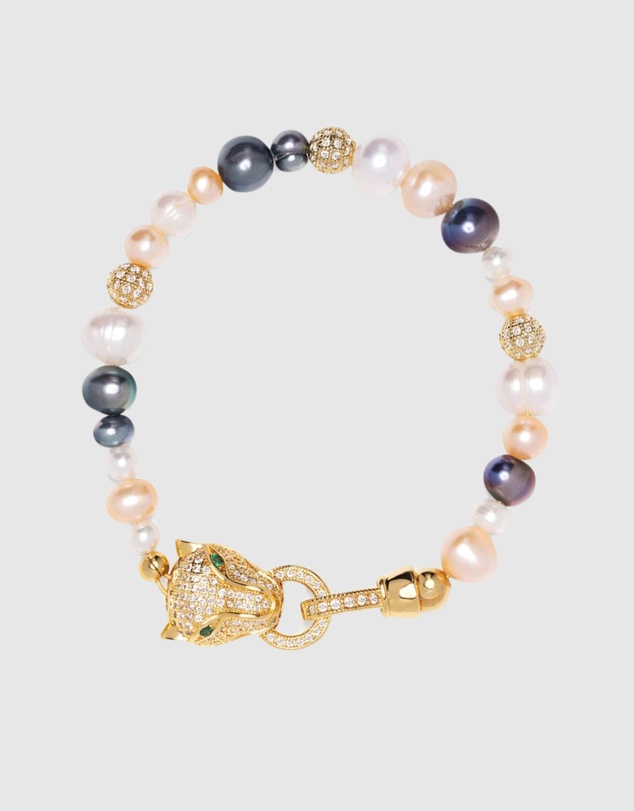 Nialaya Jewellery - Women's Multi-Colored Pearl Bracelet with Gold Panther Head