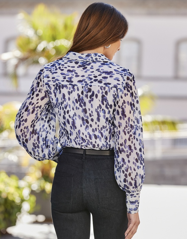 Sosandar - Blue & White Spot Print Blouson Sleeve Shirt