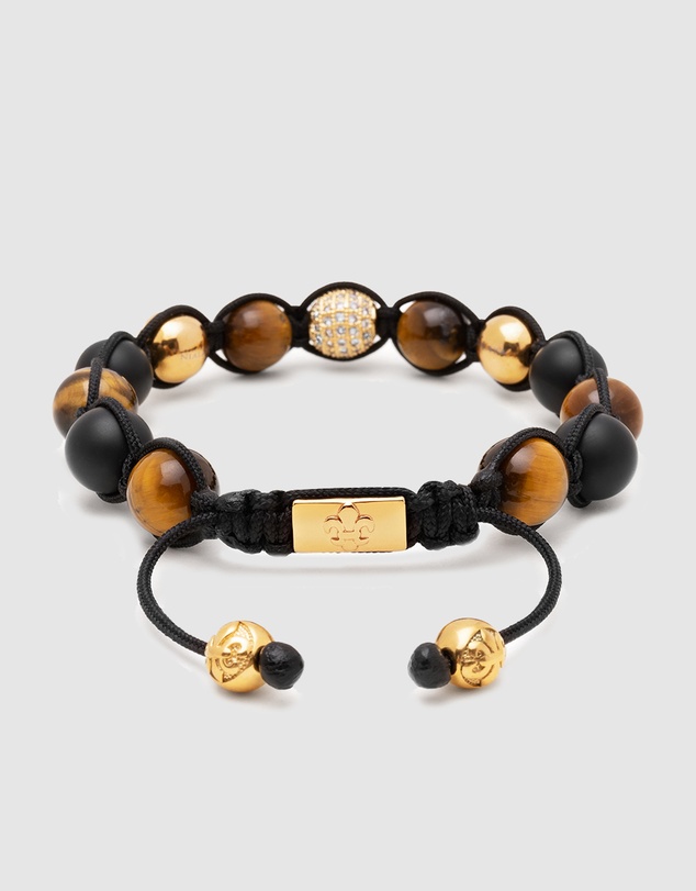 Nialaya Jewellery - Men's Beaded Bracelet with Gold, CZ Diamond, Matte Onyx, and Brown Tiger Eye