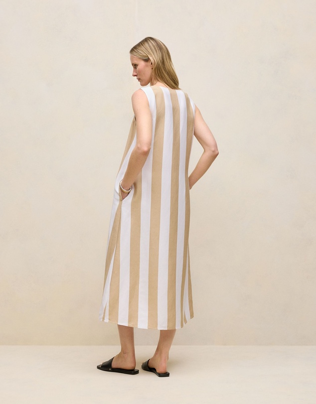 Trenery - Cabana Stripe V Neck Sleeveless Dress in Sand