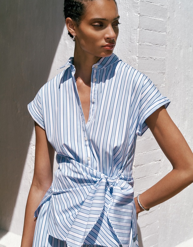 Trenery - Jacquard Stripe Poplin Tie Front Shirt in Pastel Blue