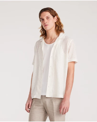 Calibre - Striped Open Knit Short Sleeve Shirt Natural