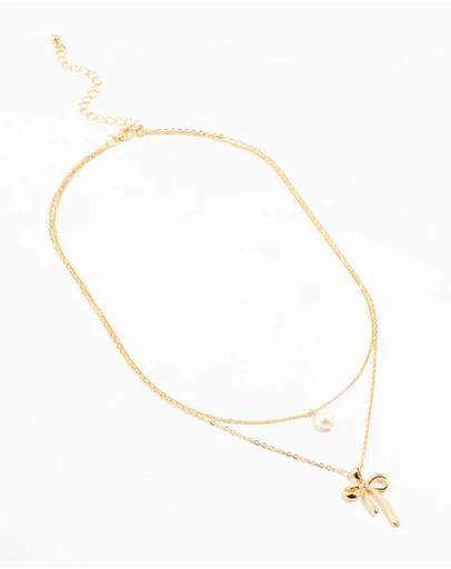 Lovisa - Gold Plated Brass Bow & Pearl Layered Necklace